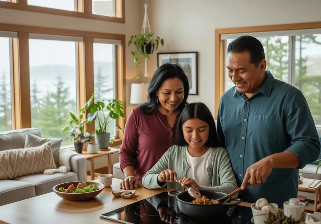 Native family preparing a meal together